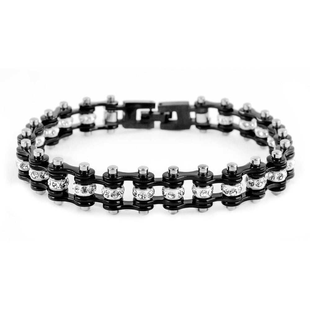 SK2017 3/8" Wide MINI MINI SIZE All Black With White Crystal Centers Stainless Steel bicycle Bike Chain Bracelet