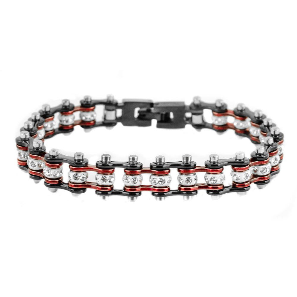 SK2006 3/8" Wide MINI MINI SIZE Two Tone Black Candy Red With White Crystal Centers Stainless Steel bicycle Bike Chain Bracelet