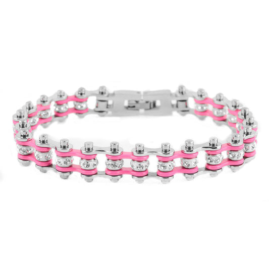 SK2018 3/8" Wide MINI MINI SIZE Two Tone Silver Pink With White Crystal Centers Stainless Steel bicycle Bike Chain Bracelet