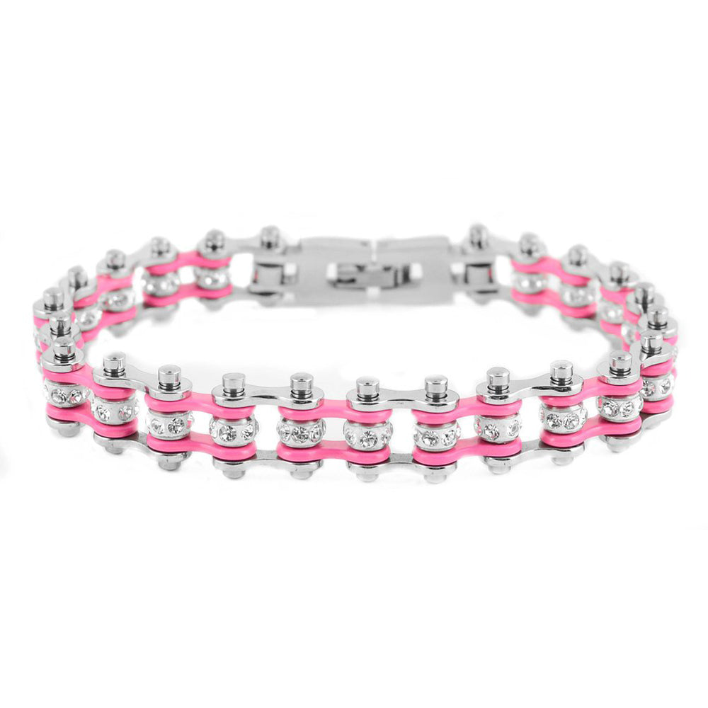 SK2018 3/8" Wide MINI MINI SIZE Two Tone Silver Pink With White Crystal Centers Stainless Steel Motorcycle Bike Chain Bracelet