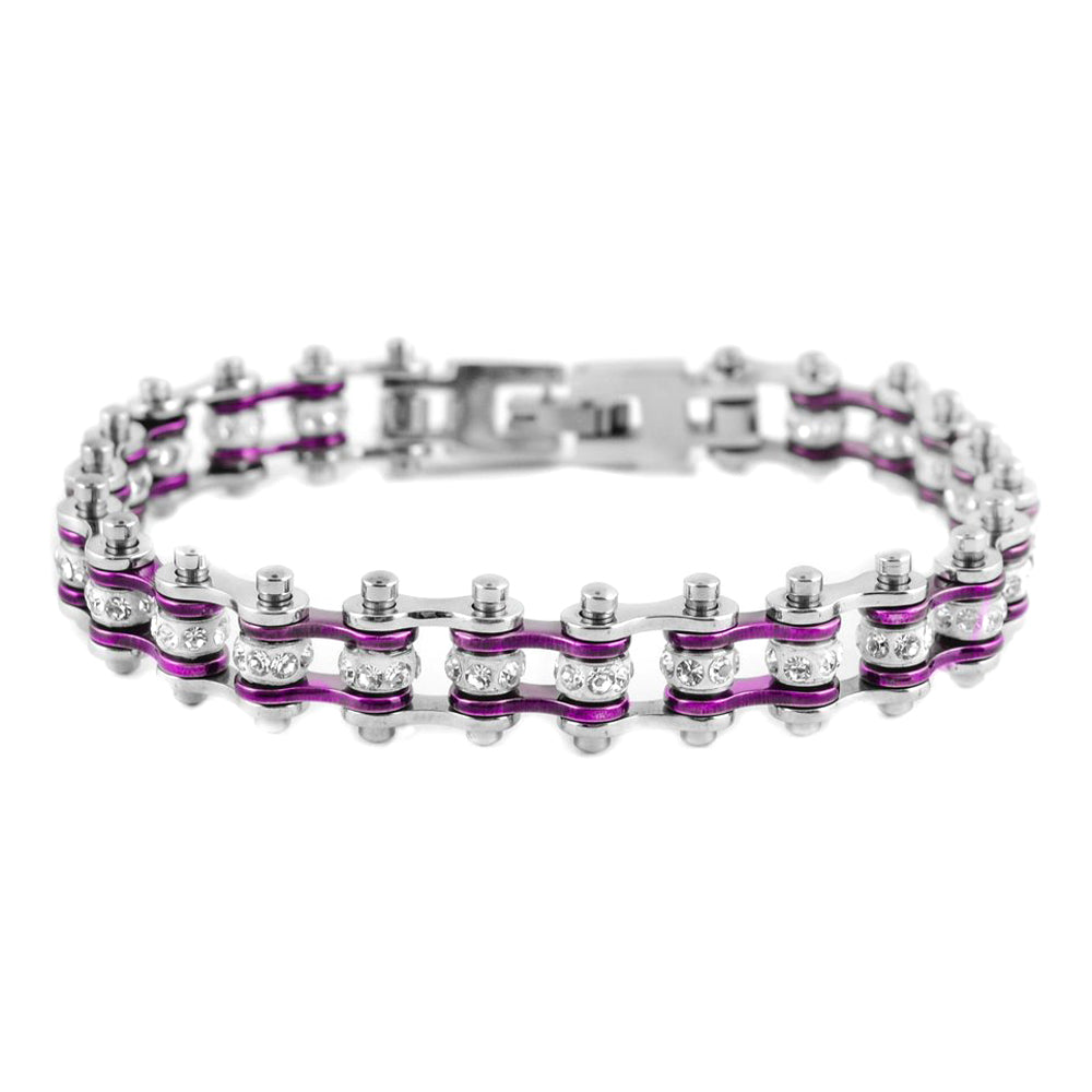 SK2003 3/8" Wide MINI MINI SIZE Two Tone Silver Candy Purple With White Crystal Centers Stainless Steel bicycle Bike Chain Bracelet