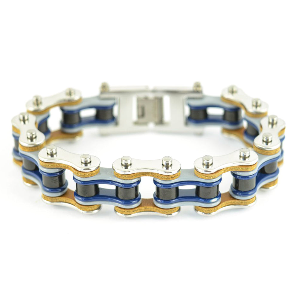 SK1327 3/4" Wide Quad Color Silver Grey Blue Black Leather Double Link Design Men's Stainless Steel bicycle Chain Bracelet