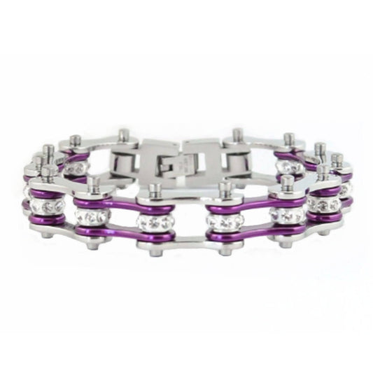 SK1103 1/2" Wide Two Tone Silver Candy Purple With White Crystal Centers Stainless Steel bicycle Bike Chain Bracelet