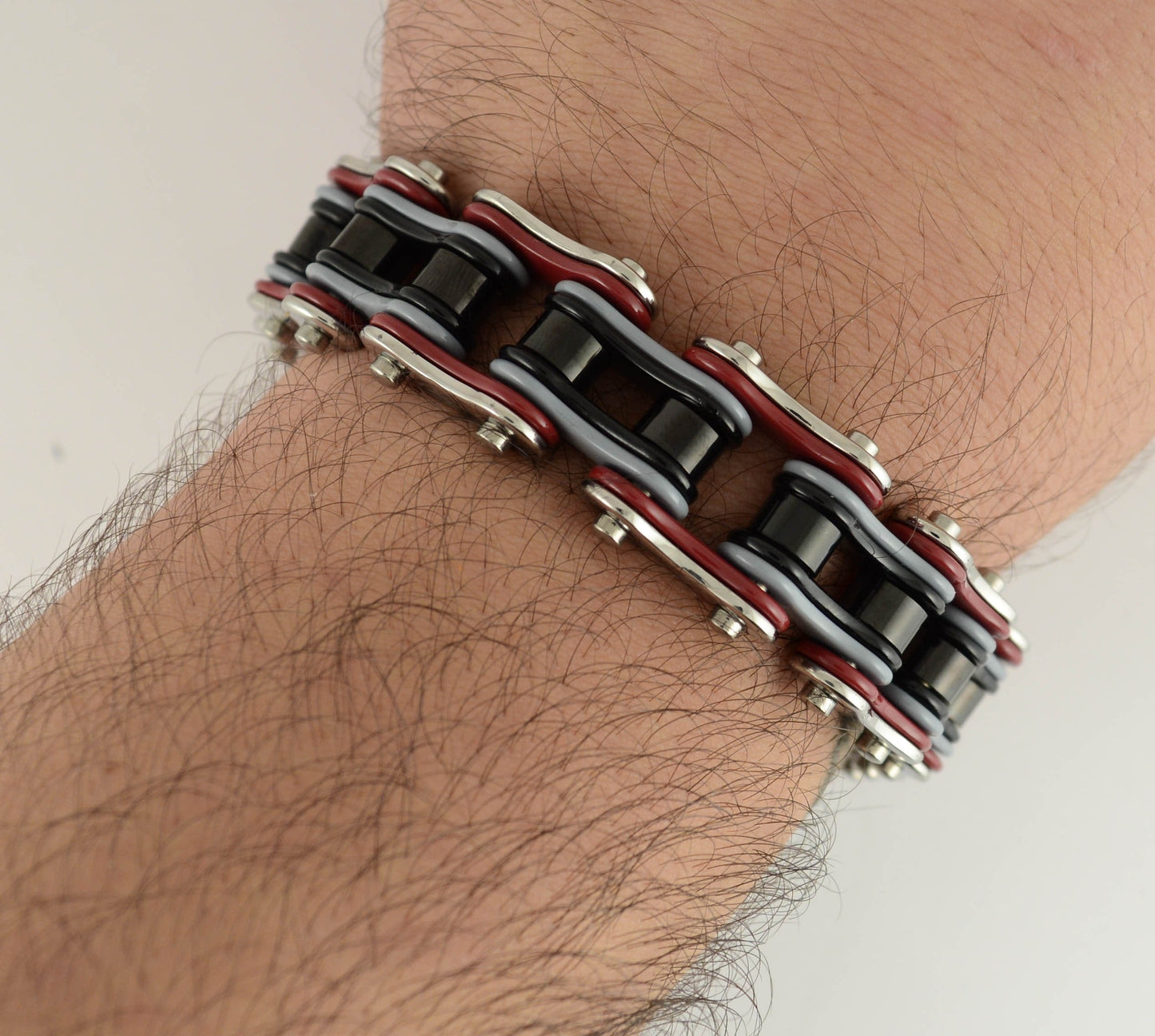 SK1309 Quad Color Silver Red Grey Black 3/4" Wide Double Link Design Men's Stainless Steel bicycle Chain Bracelet