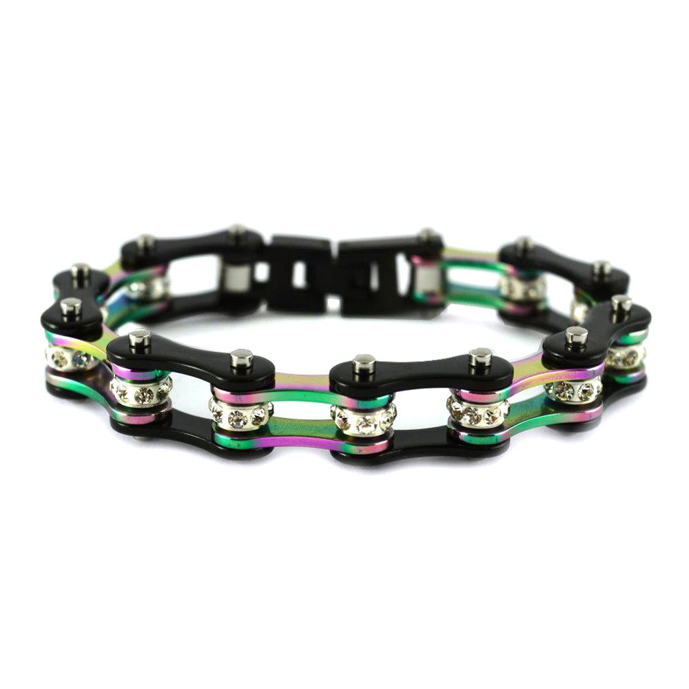 SK1208  1/2" Wide Original SIZE Black Rainbow Ladies Crystal Bike Chain Bracelet Stainless Steel bicycle Jewelry