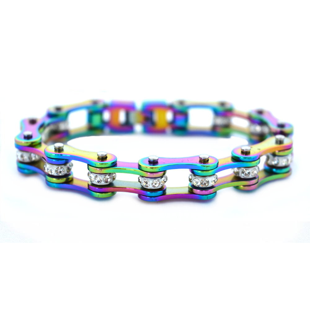 SK1209 1/2" Wide All Rainbow With White Crystal Centers Stainless Steel bicycle Bike Chain Bracelet