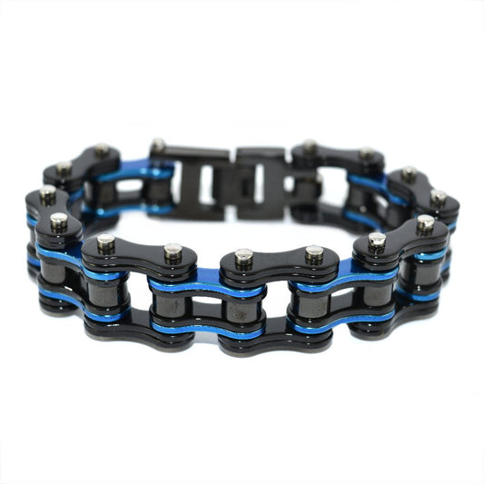 SK1285 3/4" Wide Black Blue Double Link Design Unisex Stainless Steel bicycle Chain Bracelet