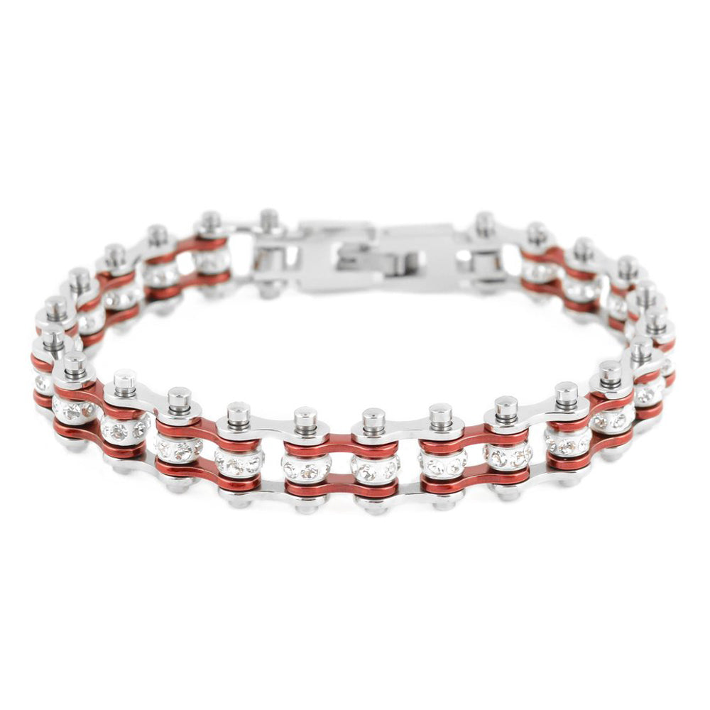 SK2014 3/8" Wide MINI MINI SIZE Two Tone Silver Candy Red With White Crystal Rollers Stainless Steel bicycle Bike Chain Bracelet