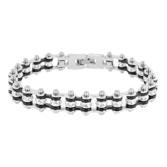 SK2016 3/8" Wide MINI MINI SIZE Two Tone Silver Black With White Crystal Centers Stainless Steel bicycle Bike Chain Bracelet