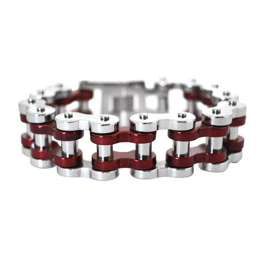 SK1799 Silver Tone/ Candy Red 1" Wide Unisex Stainless Steel bicycle Chain Bracelet