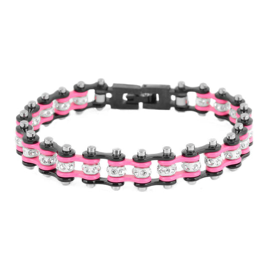 SK2097 1/2" Wide MINI MINI SIZE Two Tone Black Pink With White Crystal Centers Stainless Steel bicycle Bike Chain Bracelet