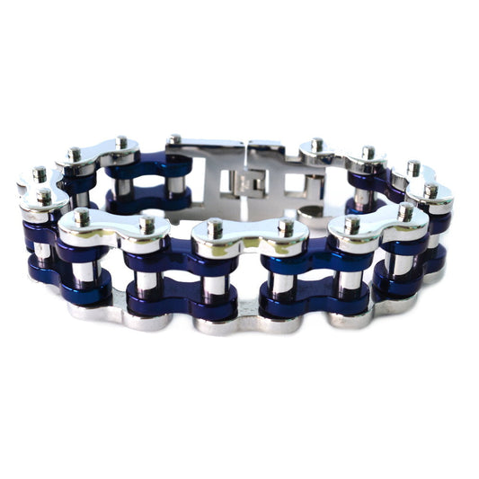 SK1797 Silver Tone/ Blue 1" Wide Unisex Stainless Steel bicycle Chain Bracelet