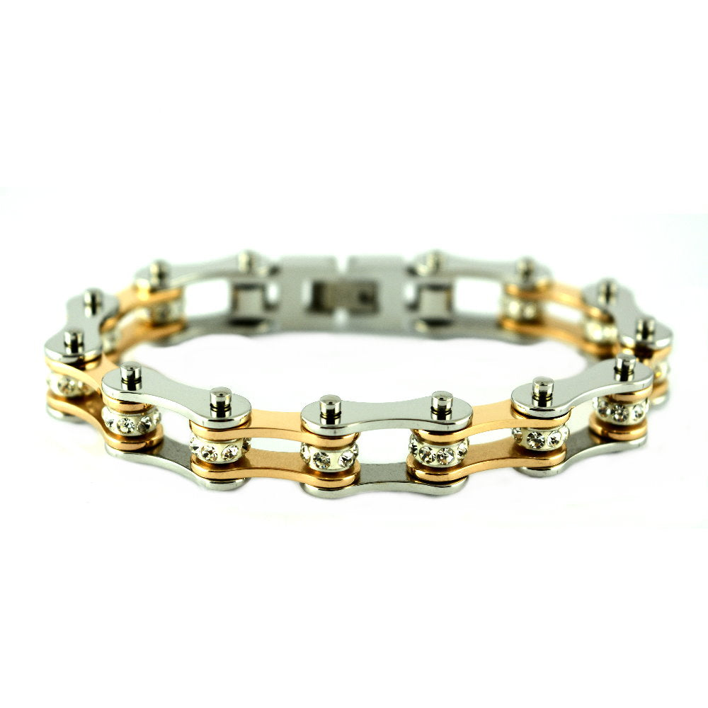 SK1852 1/2" Wide Silver Rose Gold Color With White Crystal Centers Stainless Steel bicycle Bike Chain Bracelet