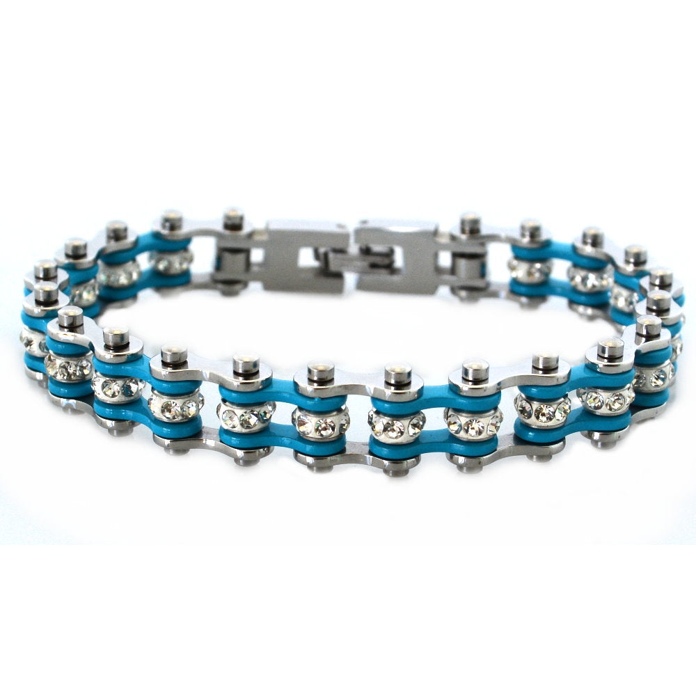 SK2004 3/8" Wide MINI MINI SIZE Two Tone Silver Turquoise With White Crystal Centers Stainless Steel bicycle Bike Chain Bracelet