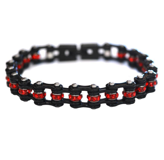 SK2007 3/8" Wide MINI MINI SIZE All Black With Red Crystal Centers Stainless Steel bicycle Bike Chain Bracelet