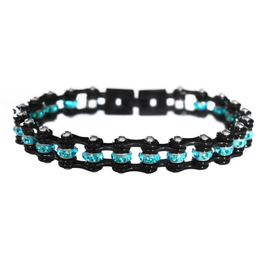 SK2008 3/8" Wide MINI MINI SIZE All Black With Aqua Crystal Centers Stainless Steel bicycle Bike Chain Bracelet