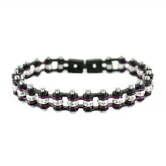 SK2009 3/8" Wide MINI MINI SIZE Two Tone Black Candy Purple With White Crystal Centers Stainless Steel bicycle Bike Chain Bracelet