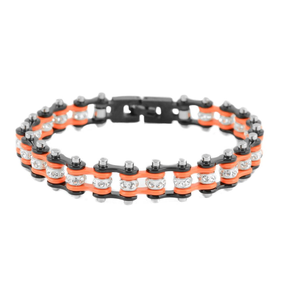 SK2012 3/8" Wide MINI MINI SIZE Two Tone Black Orange With White Crystal Centers Stainless Steel bicycle Bike Chain Bracelet