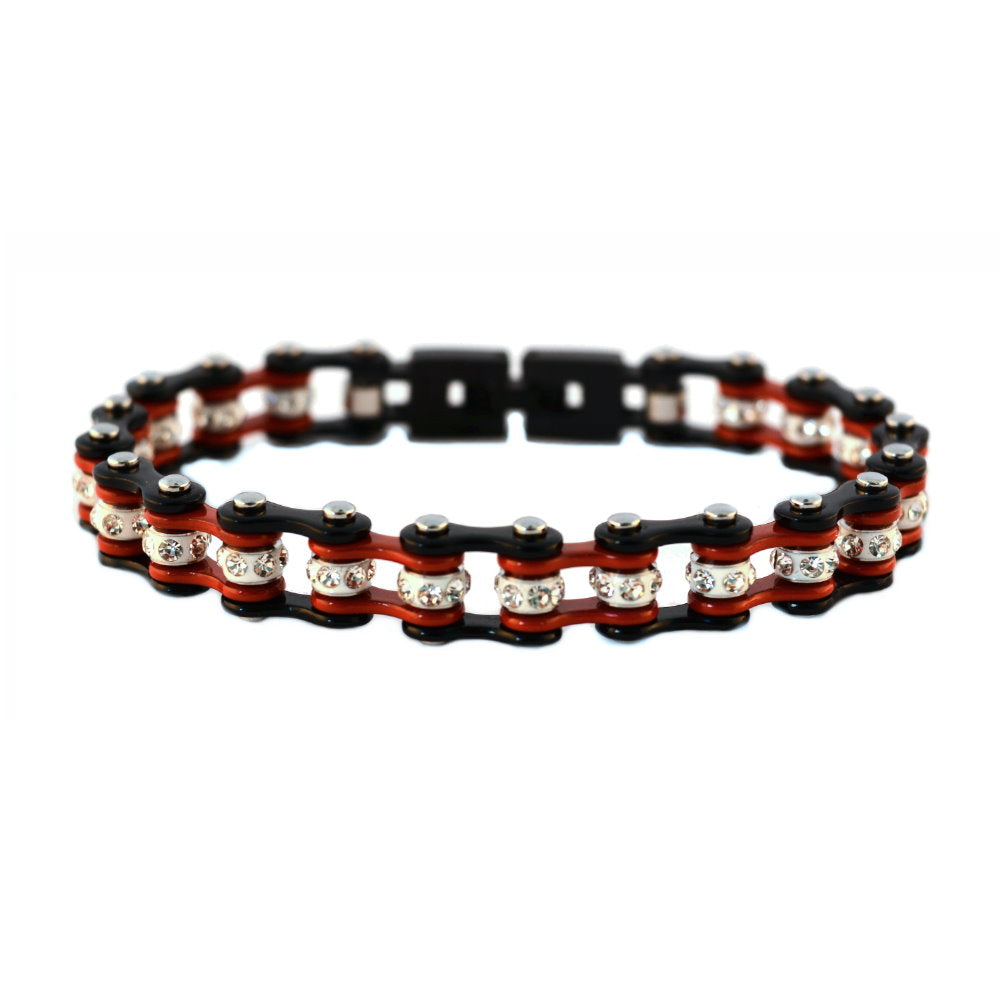 SK2019 3/8" Wide MINI MINI SIZE Two Tone Black Red With White Crystal Centers Stainless Steel Motorcycle Bike Chain Bracelet