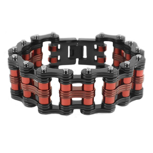 SK1813 Two Tone Black Red Rollers 1" Wide Unisex Stainless Steel bicycle Chain Bracelet