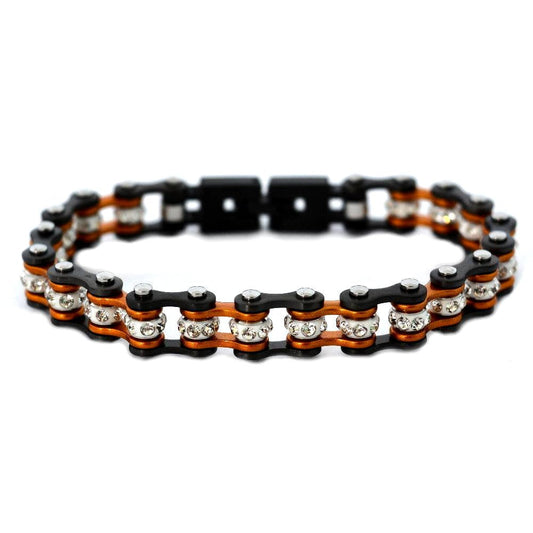 SK2022 3/8" Wide MINI MINI SIZE Two Tone Gunmetal Beryllium Orange With White Crystal Centers Stainless Steel bicycle Bike Chain Bracelet