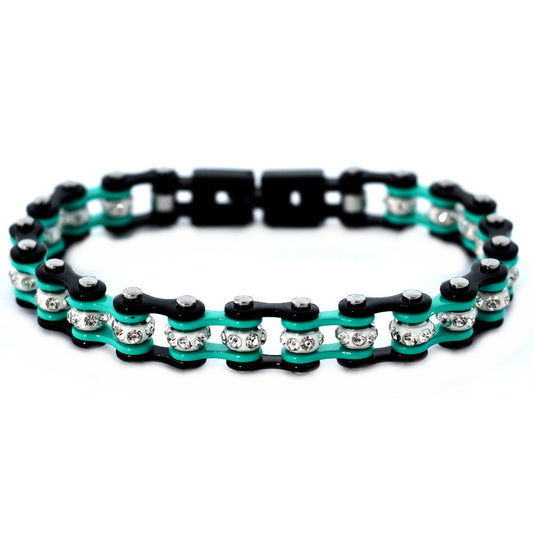 SK2023 3/8" Wide MINI MINI SIZE Two Tone Black Aquamarine With White Crystal Centers Stainless Steel bicycle Bike Chain Bracelet