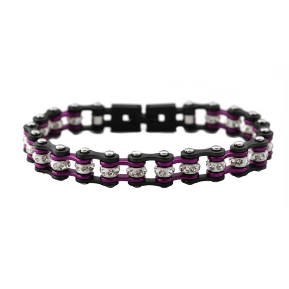 SK2025 3/8" Wide MINI MINI SIZE Gunmetal/Candy Purple With White Crystal Centers Stainless Steel Motorcycle Bike Chain Bracelet