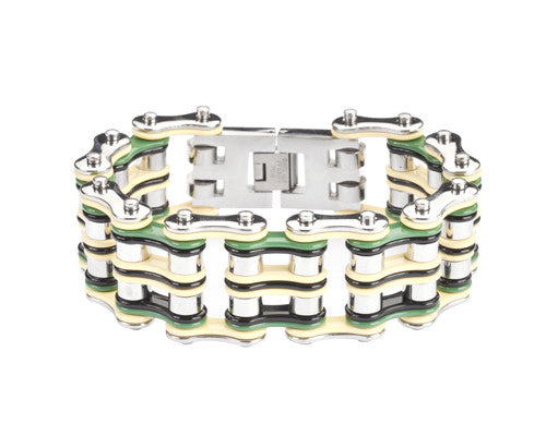 SK1135 Silver Cream Green Black 1" Wide men's Bike Chain Bracelet