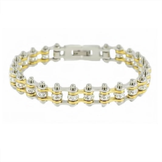 SK2096 MINI MINI SIZE Two Tone Silver Gold With White Crystal Centers Stainless Steel bicycle Bike Chain Bracelet