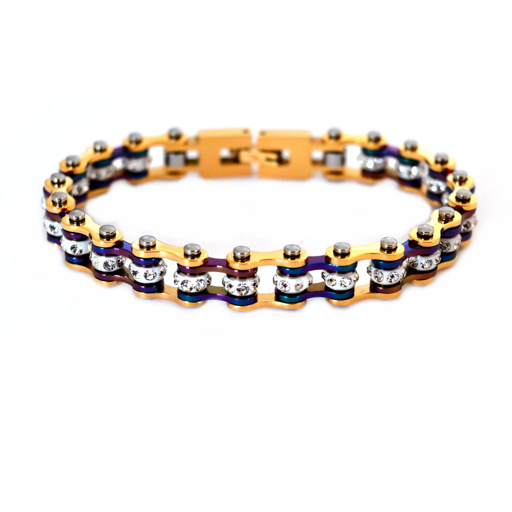 SK2207G 3/8" Wide MINI MINI SIZE Two Tone Gold Rainbow With White Crystal Centers Stainless Steel bicycle Bike Chain Bracelet