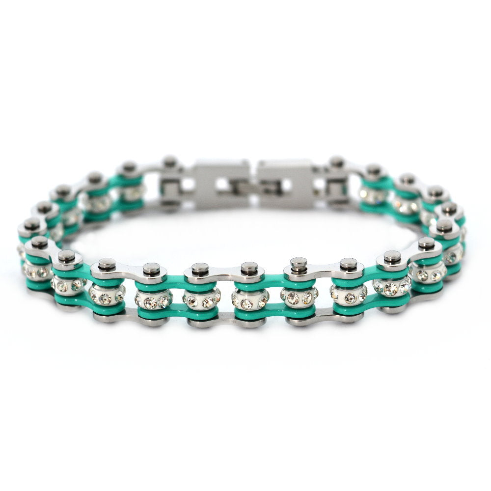 SK2021 3/8" Wide MINI MINI SIZE Two Tone Silver Aquamarine With White Crystal Centers Stainless Steel bicycle Bike Chain Bracelet