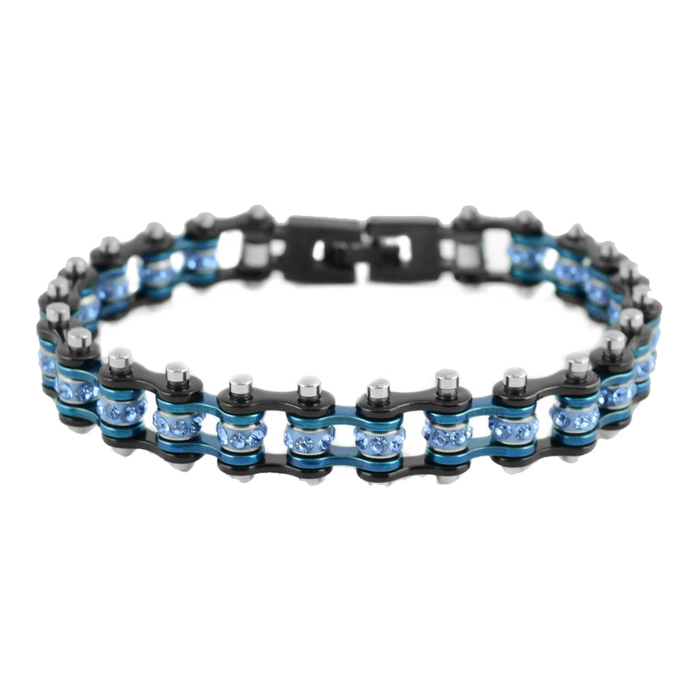 SK2202 3/8" Wide MINI MINI SIZE Two Tone Black Blue With Blue Crystal Centers Stainless Steel bicycle Bike Chain Bracelet