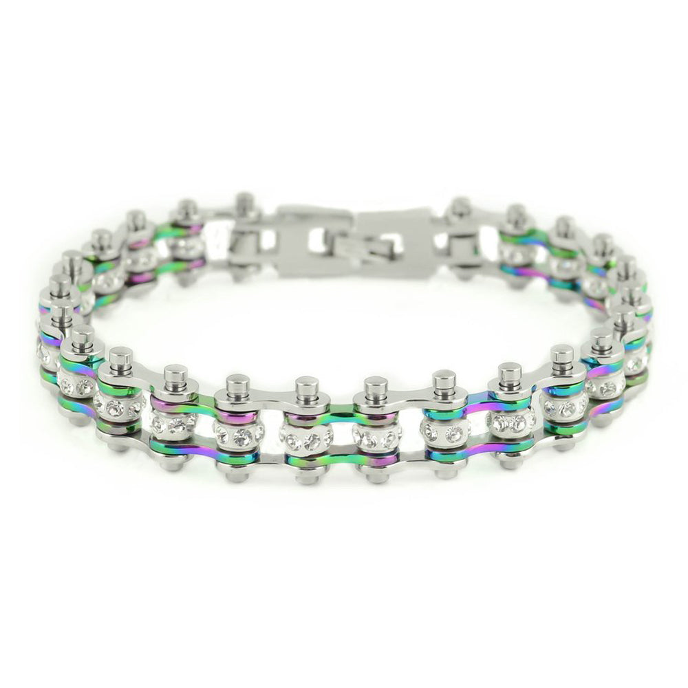 SK2207 3/8" Wide MINI MINI SIZE Two Tone Silver Rainbow With White Crystal Centers Stainless Steel bicycle Bike Chain Bracelet