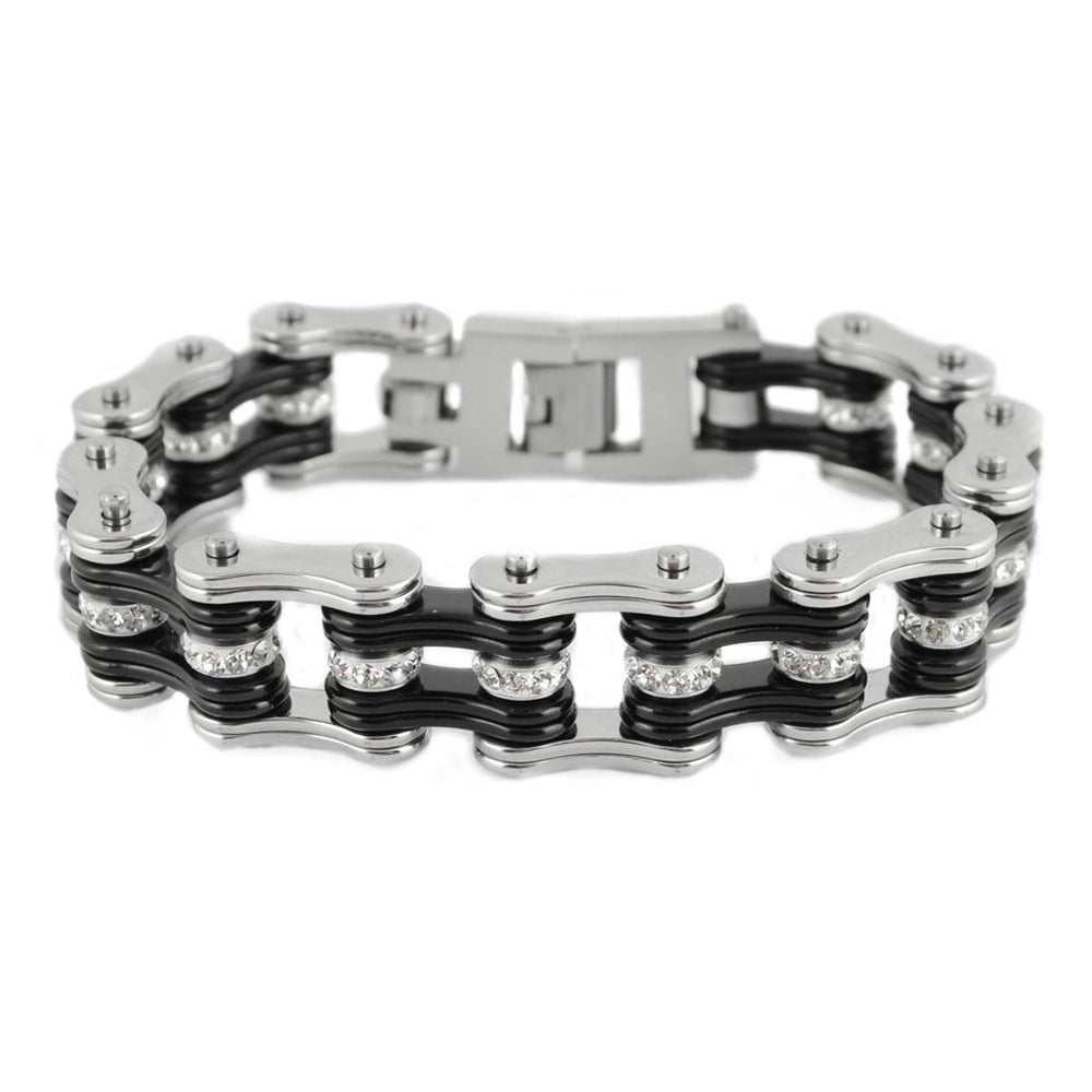 SK1201 Silver Black Crystal Rollers 3/4" Wide Double Link Design Unisex Stainless Steel bicycle Crystal Rollers Chain Bracelet