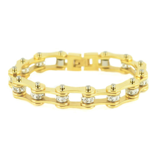 SK1853 1/2" Wide All Yellow Tone White Crystal Rollers Ladies Stainless Steel bicycle Chain Bracelet