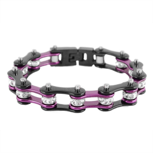 SK1109 1/2" Wide Two Tone Black Purple With White Crystal Centers Stainless Steel bicycle Bike Chain Bracelet