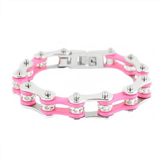 SK1118 Wide Two Tone Silver Pink With White Crystal Rollers Stainless Steel bicycle Bike Chain Bracelet