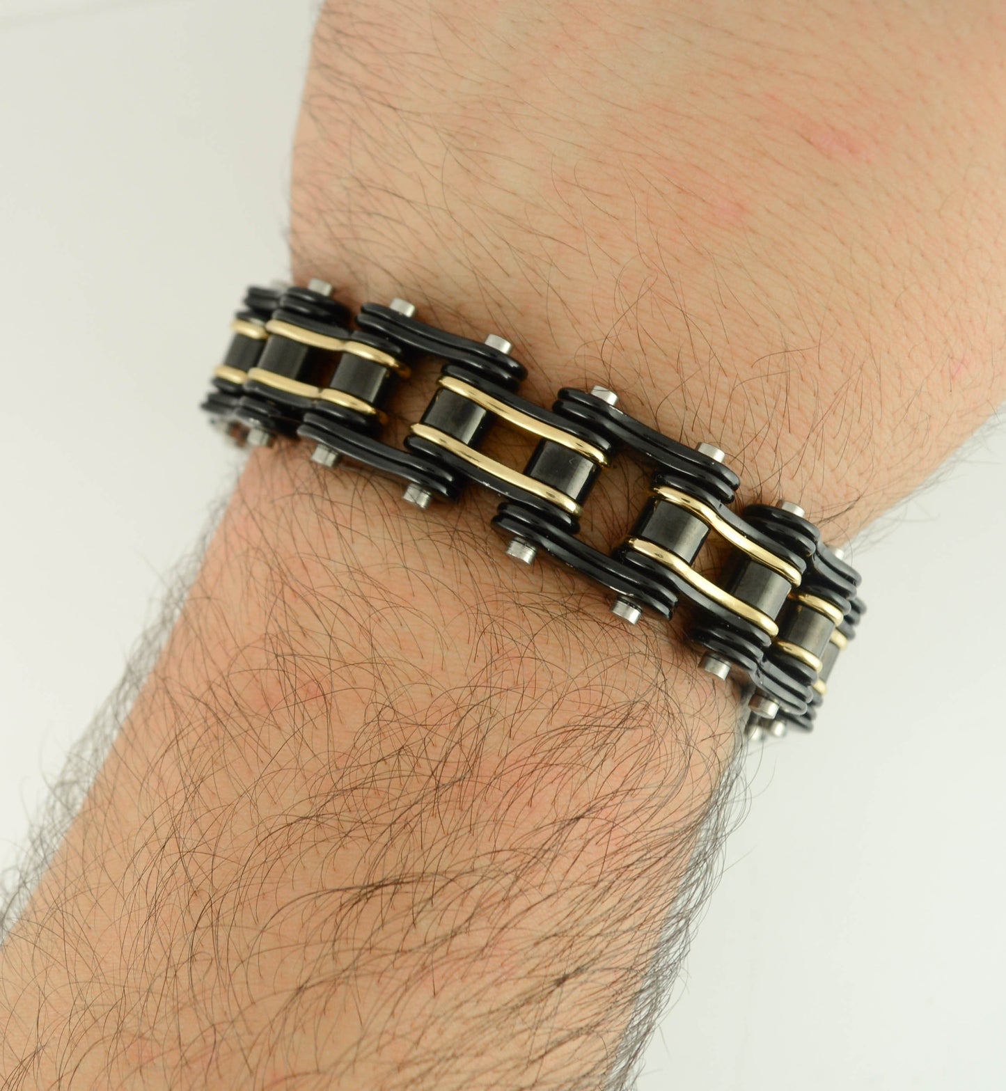 SK1155 Two Tone Black Gold 3/4" Wide Double Link Design Unisex Stainless Steel bicycle Chain Bracelet