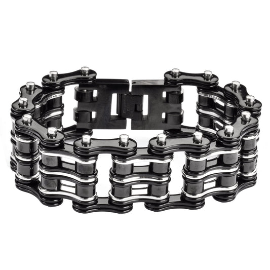 SK1136 Bike Chain Bracelet 1" Wide Black Silver Unisex Stainless Steel bicycle Chain Bracelet