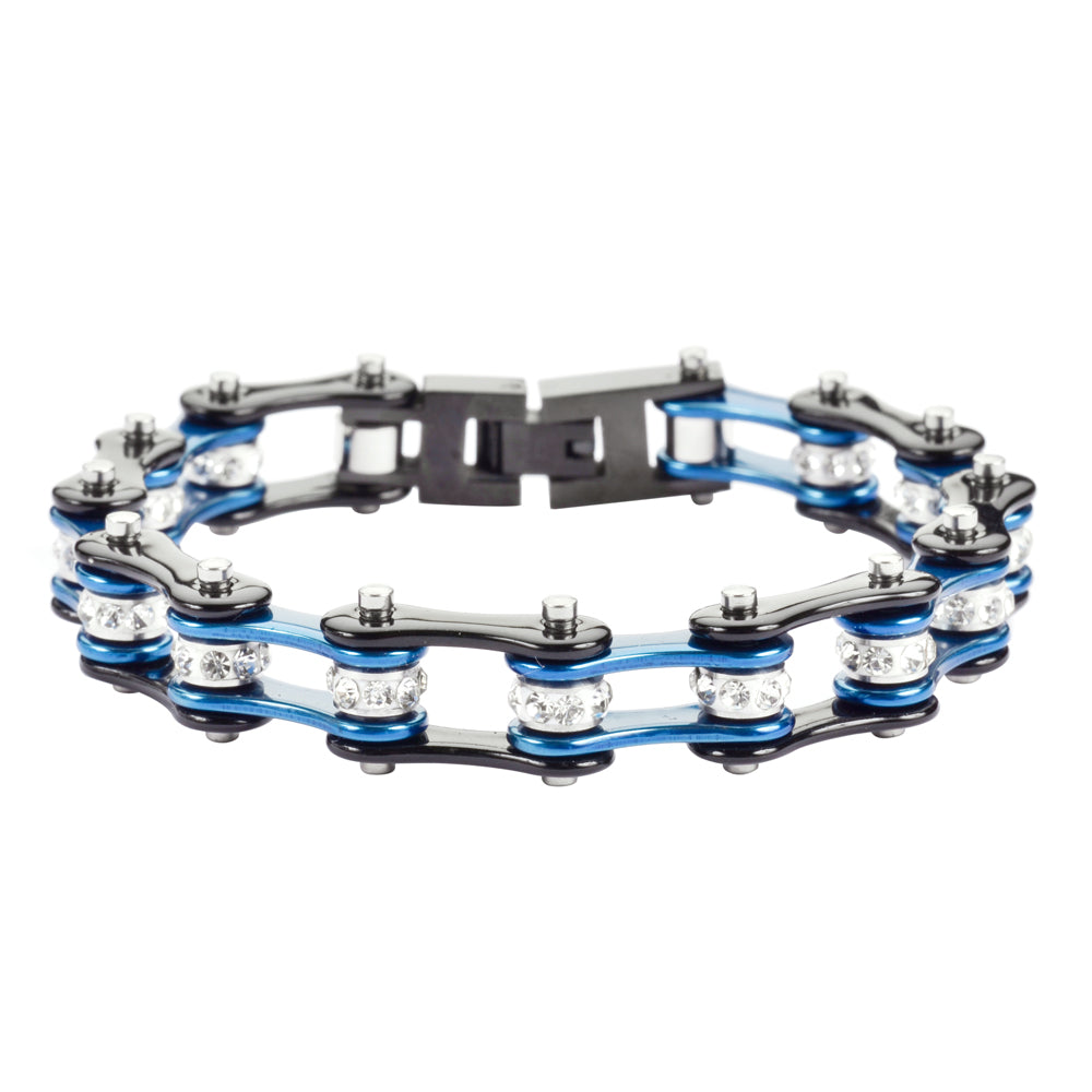 SK1223 1/2" Wide Two Tone Black Blue With White Crystal Centers Stainless Steel bicycle Bike Chain Bracelet