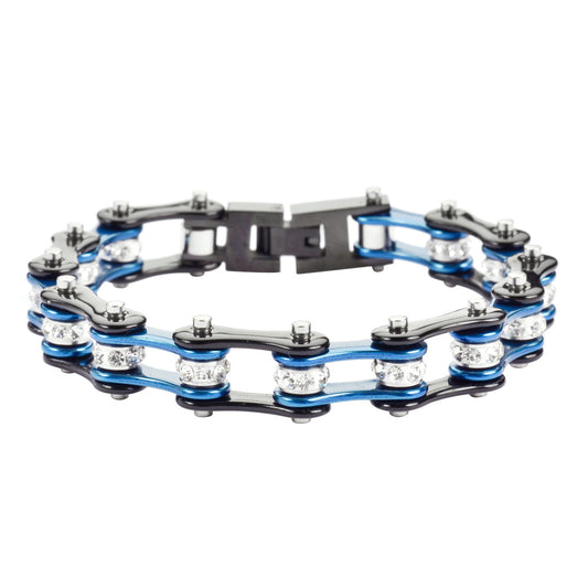 SK1223 1/2" Wide Two Tone Black Blue With White Crystal Centers Stainless Steel bicycle Bike Chain Bracelet