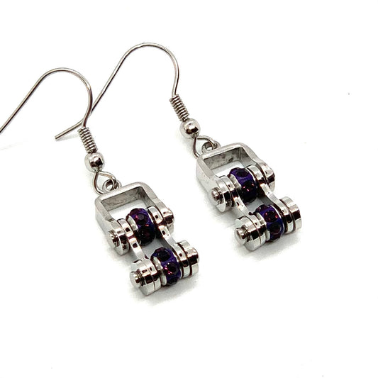 SK2210E February Edition Mini Mini 3/8" Wide Stainless Steel Amethyst Imitation Crystal Earrings