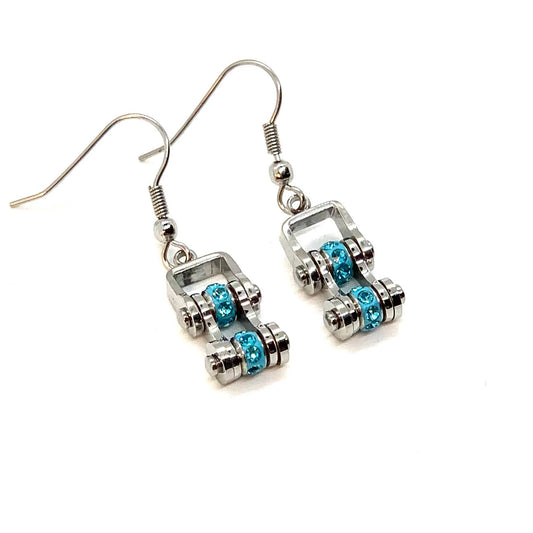 SK2211E March Edition Mini Mini 3/8" Wide Stainless Steel Aquamarine Imitation Crystal Earrings