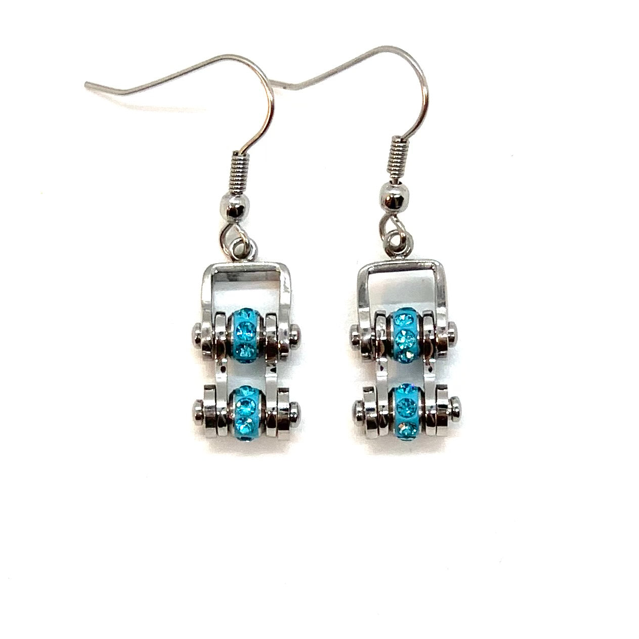 SK2211E March Edition Mini Mini 3/8" Wide Stainless Steel Aquamarine Imitation Crystal Earrings