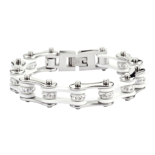 SK1100 1/2" Wide Two Tone Silver White With White Crystal Centers Stainless Steel bicycle Bike Chain Bracelet