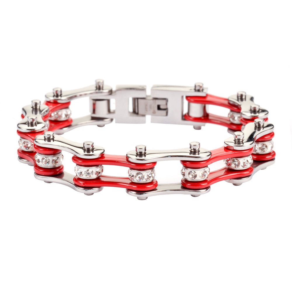 SK1101 1/2" Wide Two Tone Silver Red With White Crystal Centers Stainless Steel bicycle Bike Chain Bracelet