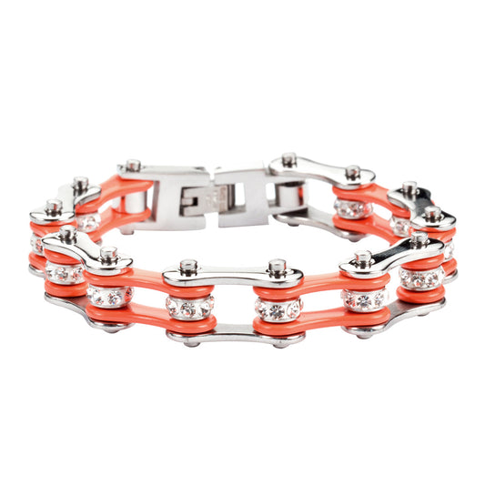 SK1102 1/2" Wide Two Tone Silver Orange With White Crystal Centers Stainless Steel bicycle Bike Chain Bracelets