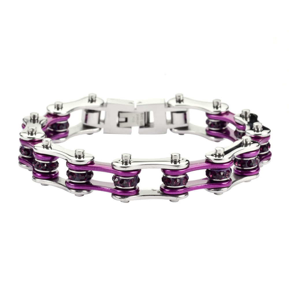 SK1103S 1/2" Wide Two Tone Silver Candy Purple With Purple Stones Stainless Steel bicycle Bike Chain Bracelet