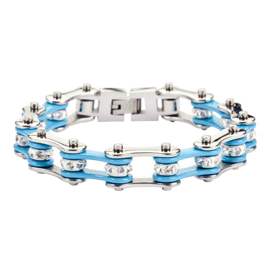 SK1104 1/2" Wide Two Tone Silver Turquoise With White Crystal Centers Stainless Steel bicycle Bike Chain Bracelet