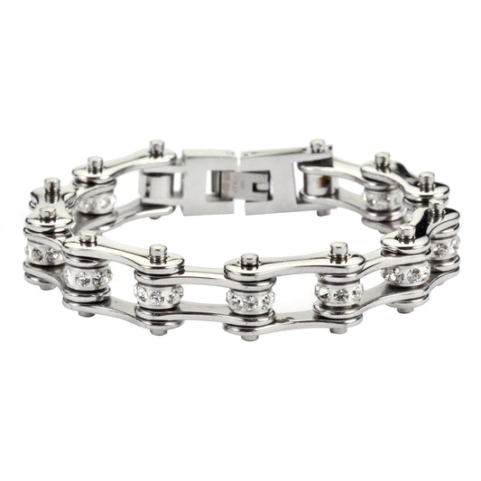 SK1105 April 1/2" Wide Clear Crystal Centers Stainless Steel bicycle Bike Chain Bracelet